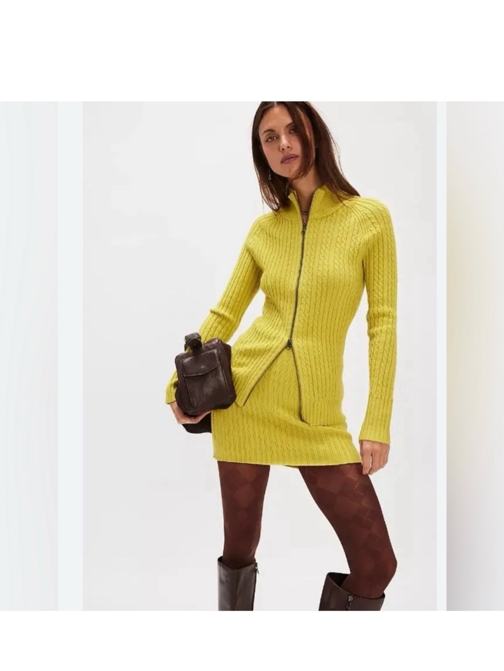 Free People Eliza 2 Piece Sweater Cardigan & Mini Skirt Citron Set Sz Medium NEW